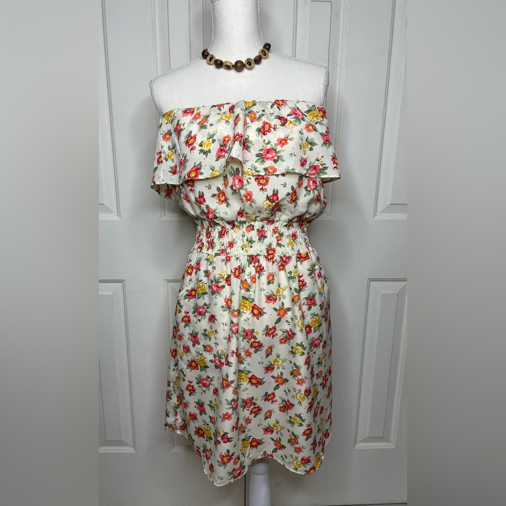 Strapless White Floral Ruffle Sundress by Body Central
